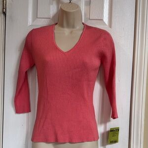 NWT Vintage Joseph A. Women's salmon pink V-Neck ribbed Sweater 3/4 sleeve